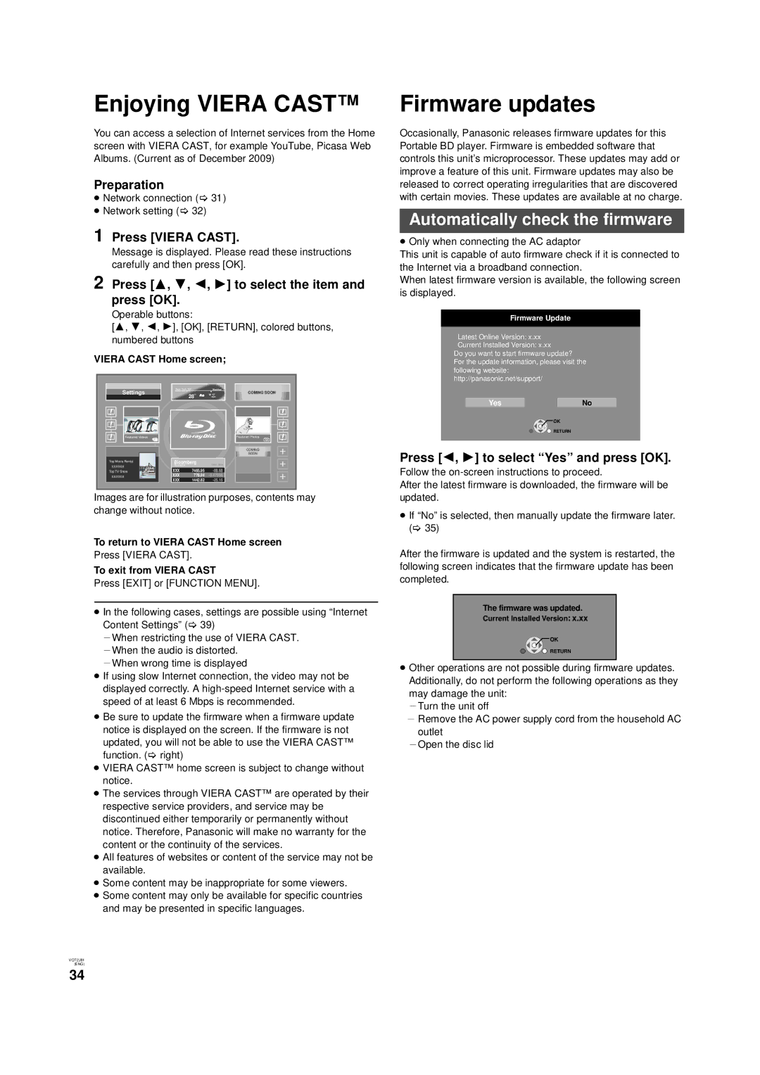 Panasonic DMP-B500 operating instructions Enjoying Viera Cast, Firmware updates, Automatically check the firmware 