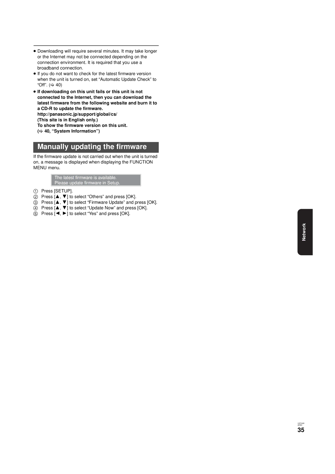 Panasonic DMP-B500 operating instructions Manually updating the firmware 