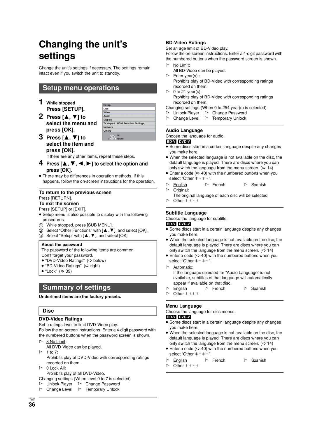 Panasonic DMP-B500 operating instructions Changing the unit’s settings, Setup menu operations, Summary of settings 