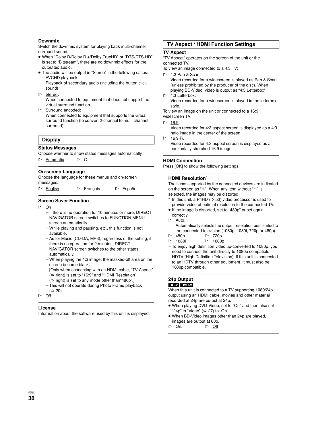 Panasonic DMP-B500 operating instructions Display, TV Aspect / Hdmi Function Settings 