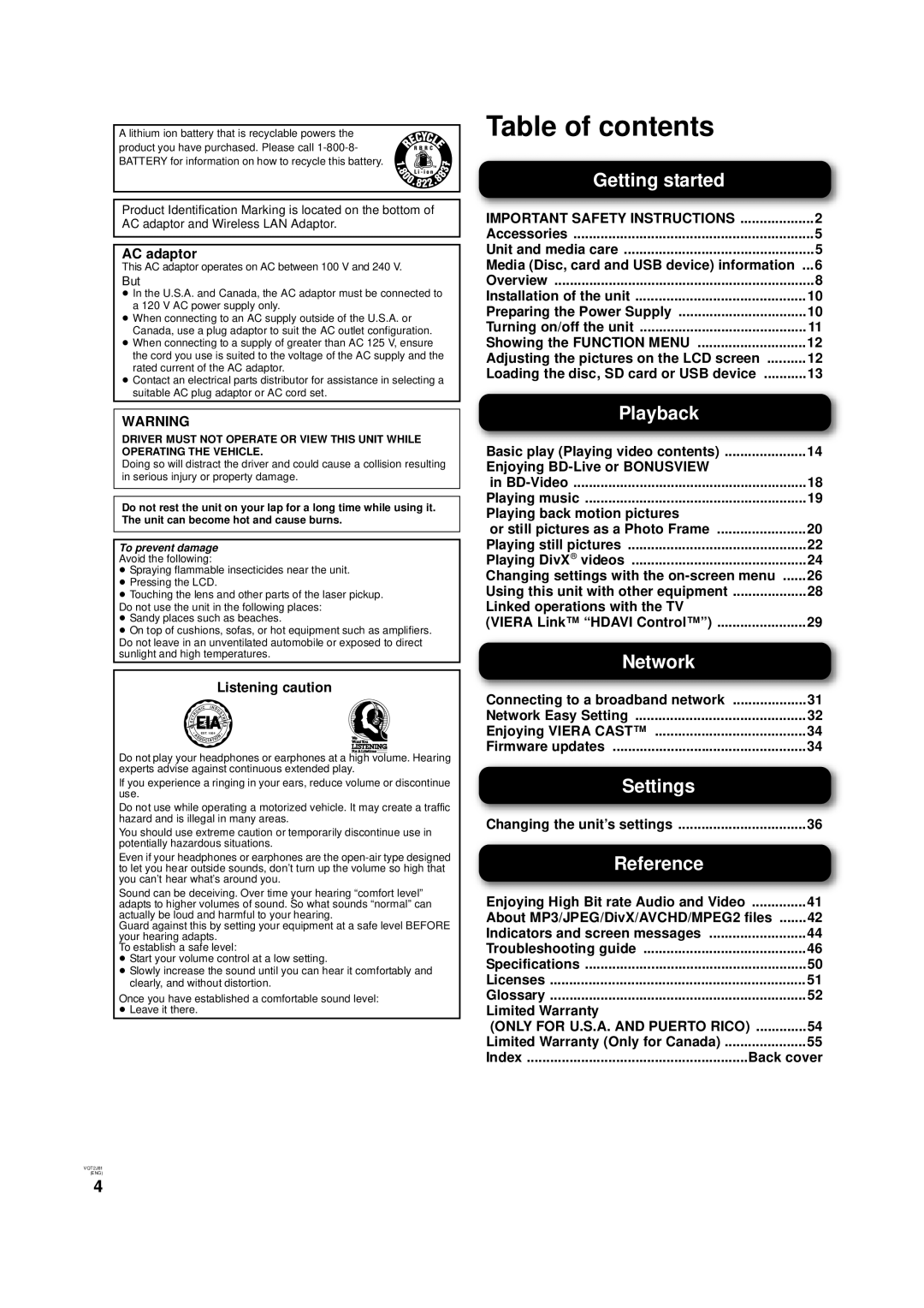 Panasonic DMP-B500 operating instructions Table of contents 