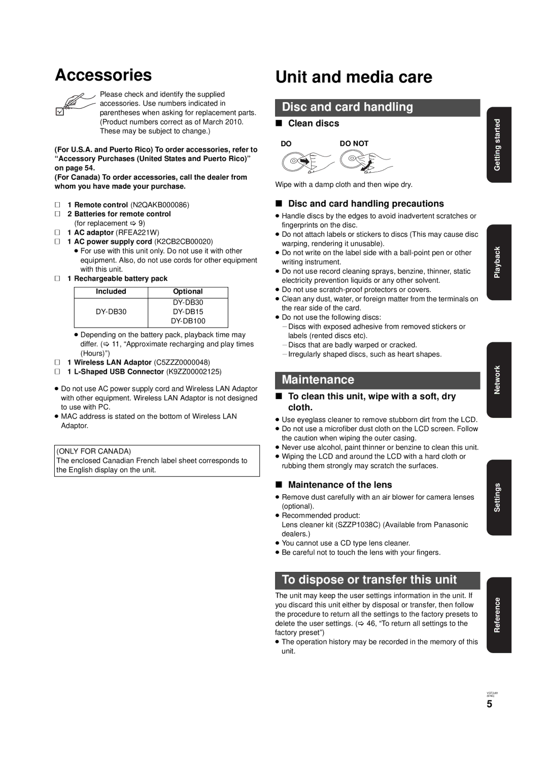 Panasonic DMP-B500 Accessories, Unit and media care, Disc and card handling, Maintenance, To dispose or transfer this unit 