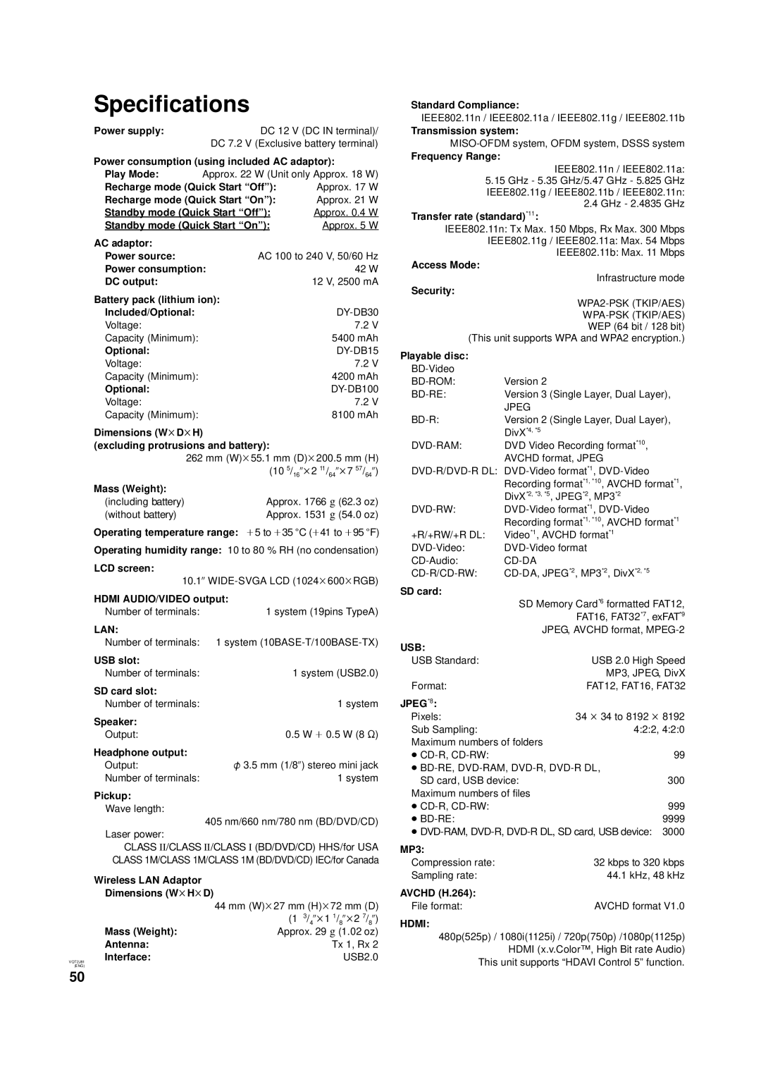 Panasonic DMP-B500 operating instructions Specifications 