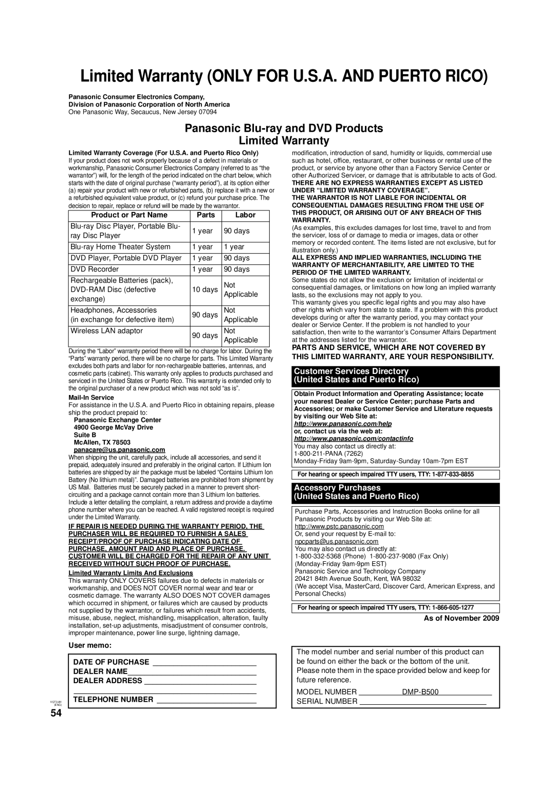 Panasonic DMP-B500 Product or Part Name Parts Labor, As of November, User memo, Date of Purchase, Dealer Name 