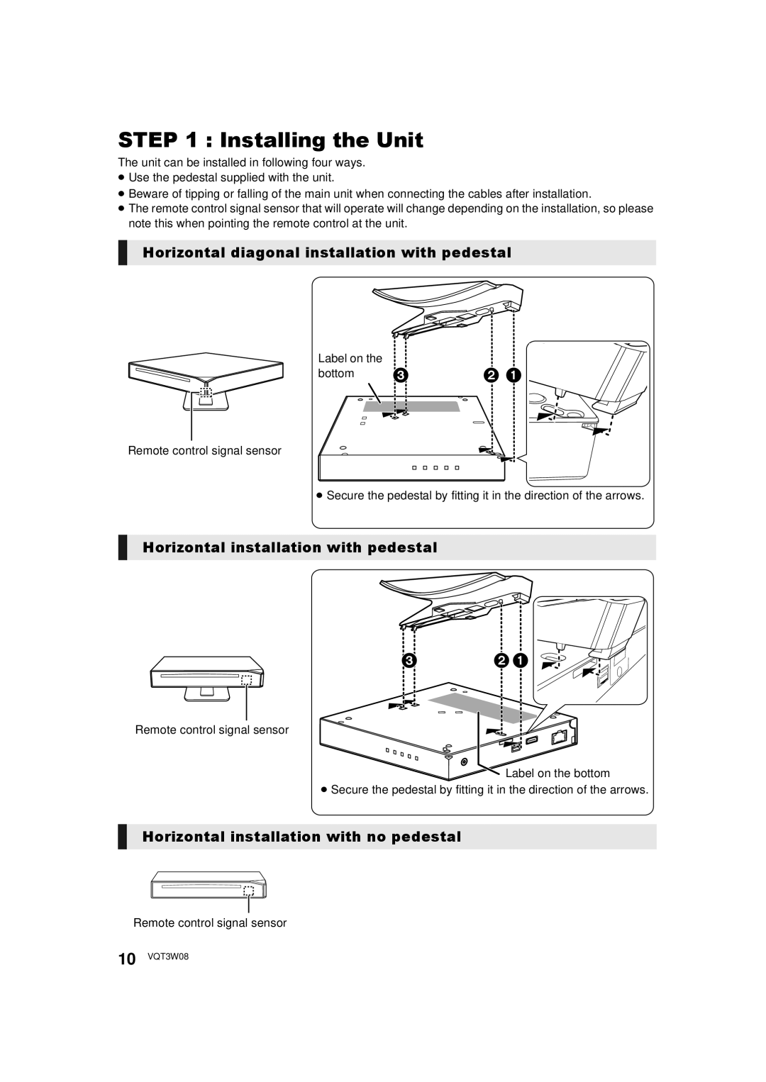 Panasonic DMP-BBT01 owner manual Installing the Unit, Horizontal diagonal installation with pedestal, Label on Bottom  