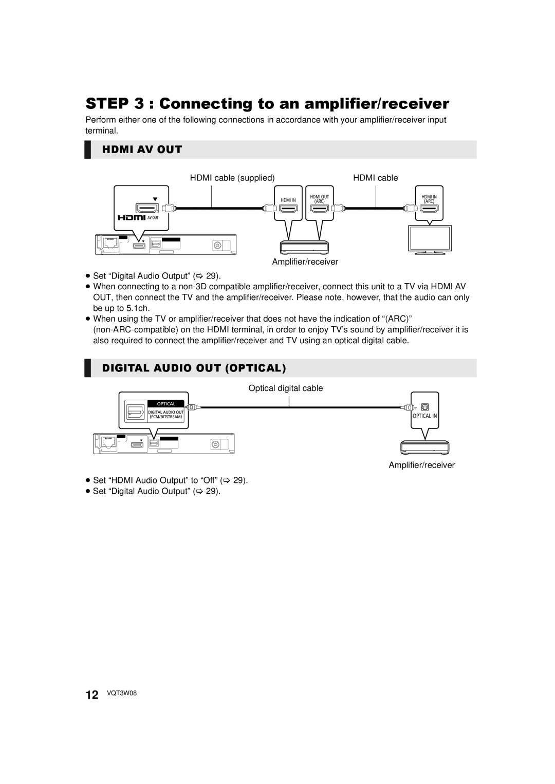 Panasonic DMP-BBT01 owner manual Connecting to an amplifier/receiver, Optical digital cable 