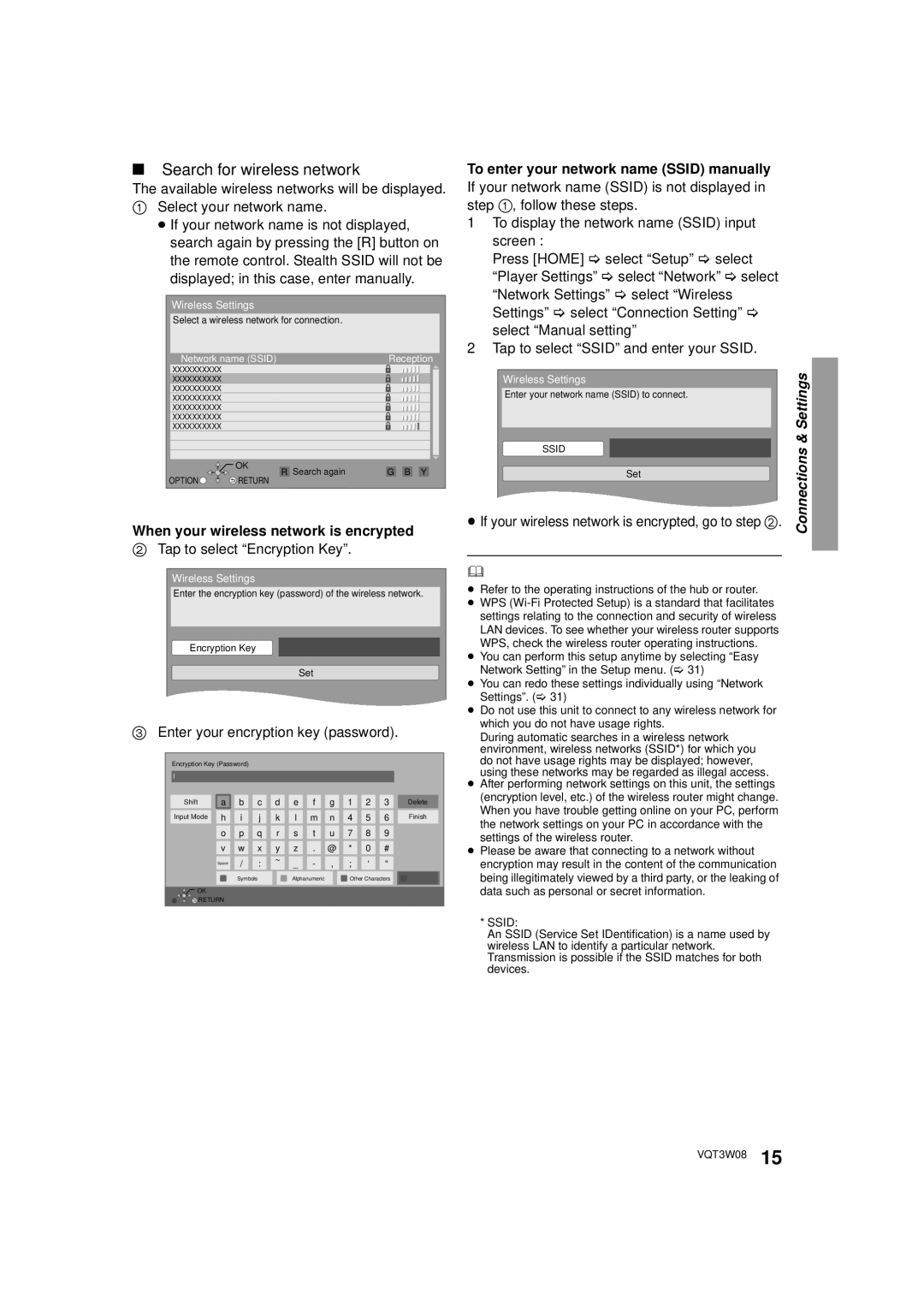 Panasonic DMP-BBT01 Search for wireless network, When your wireless network is encrypted, Tap to select Encryption Key 