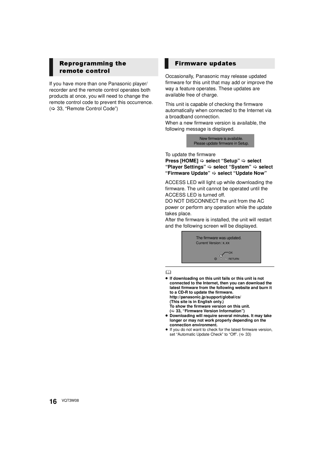 Panasonic DMP-BBT01 Reprogramming the remote control, Firmware updates, To update the firmware, Firmware was updated 