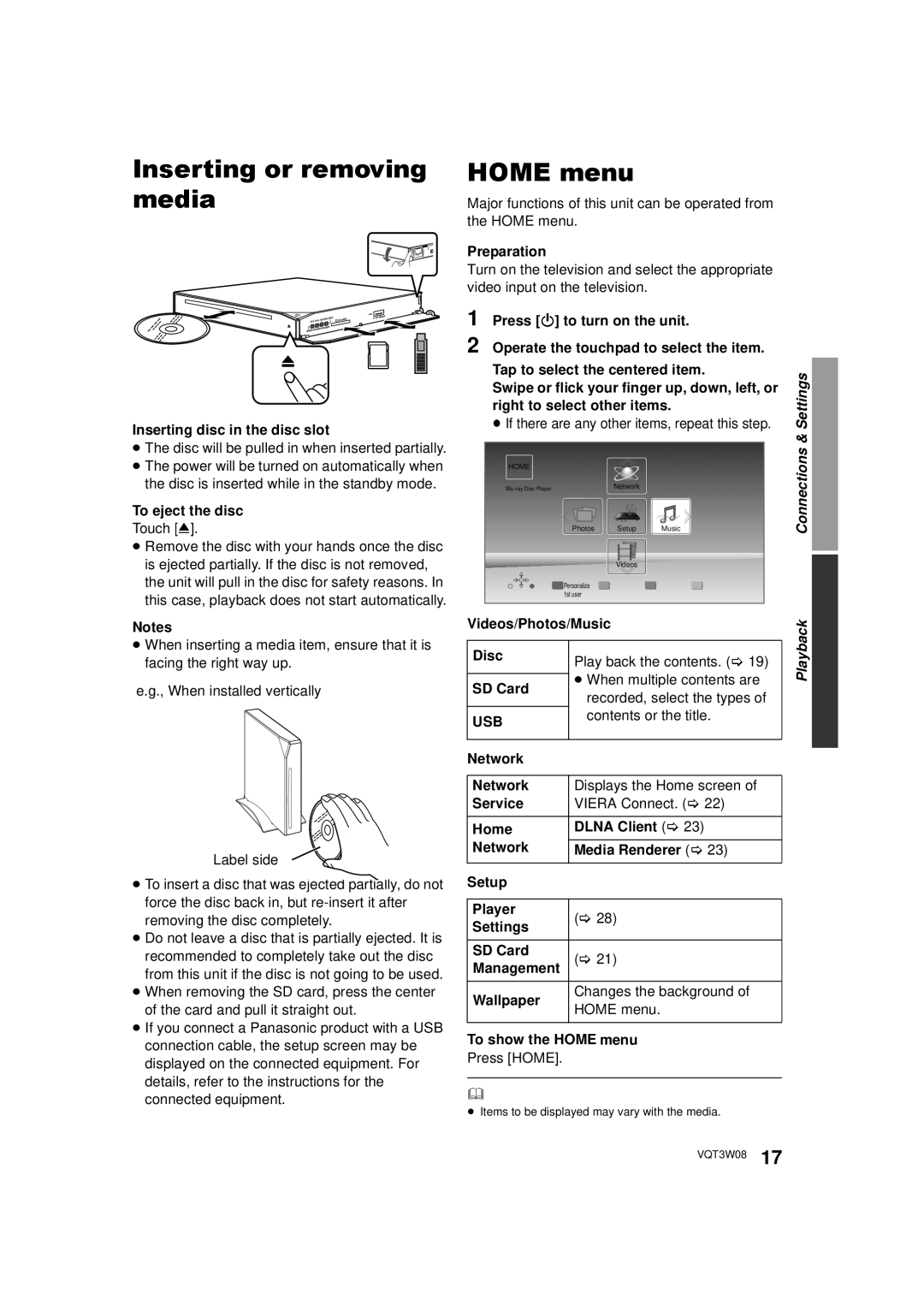 Panasonic DMP-BBT01 owner manual Inserting or removing media, Home menu, Inserting disc in the disc slot, To eject the disc 