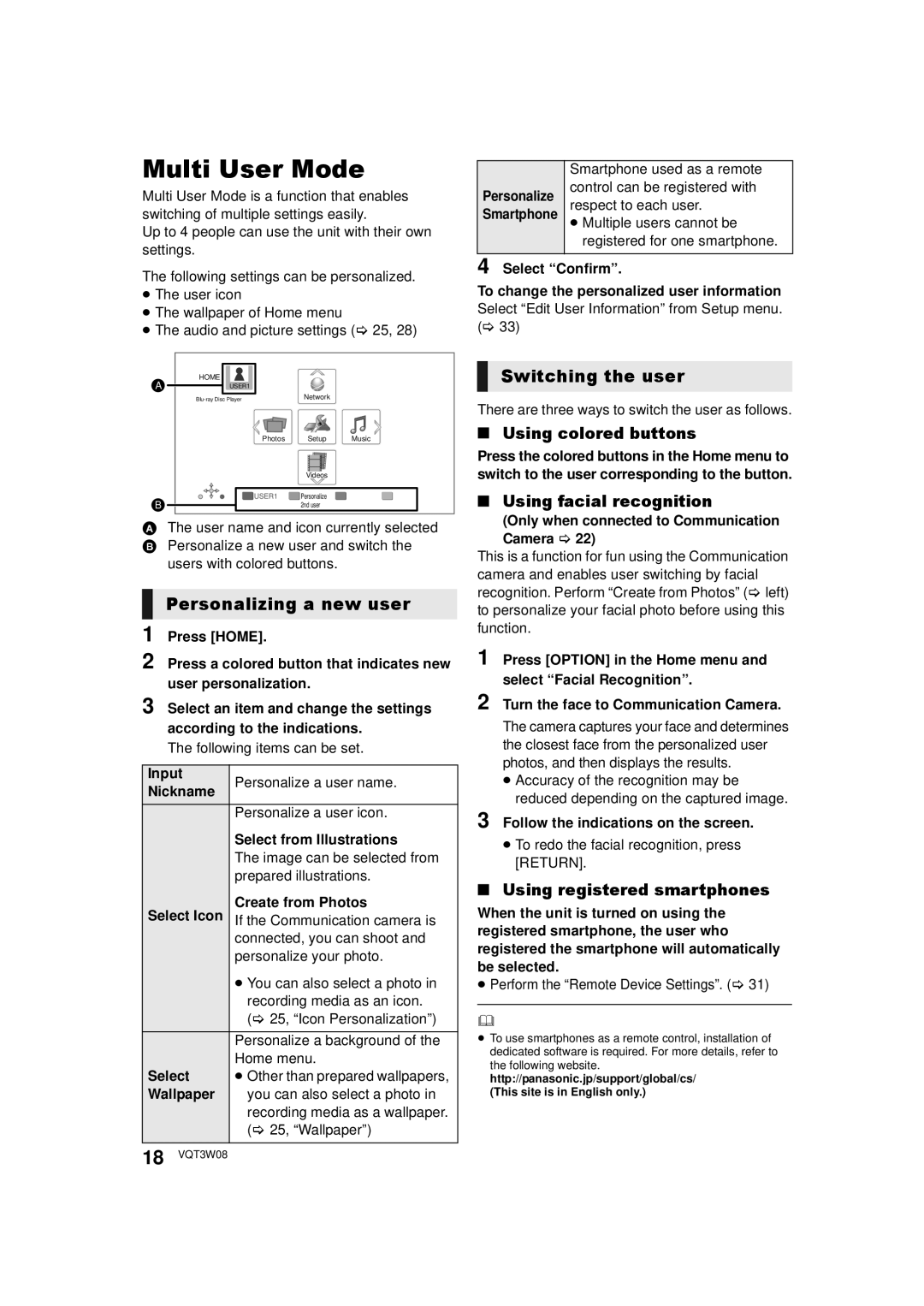 Panasonic DMP-BBT01 owner manual Multi User Mode, Switching the user, Using colored buttons, Using facial recognition 