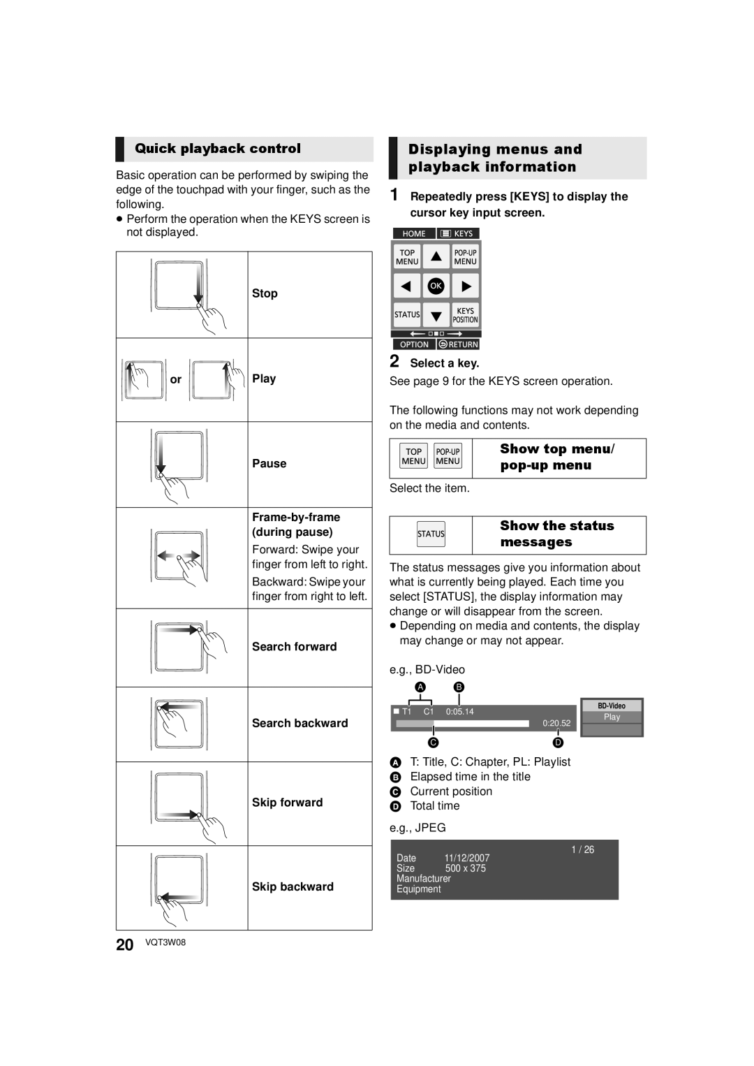 Panasonic DMP-BBT01 Displaying menus and playback information, Quick playback control, Show top menu/ pop-up menu 