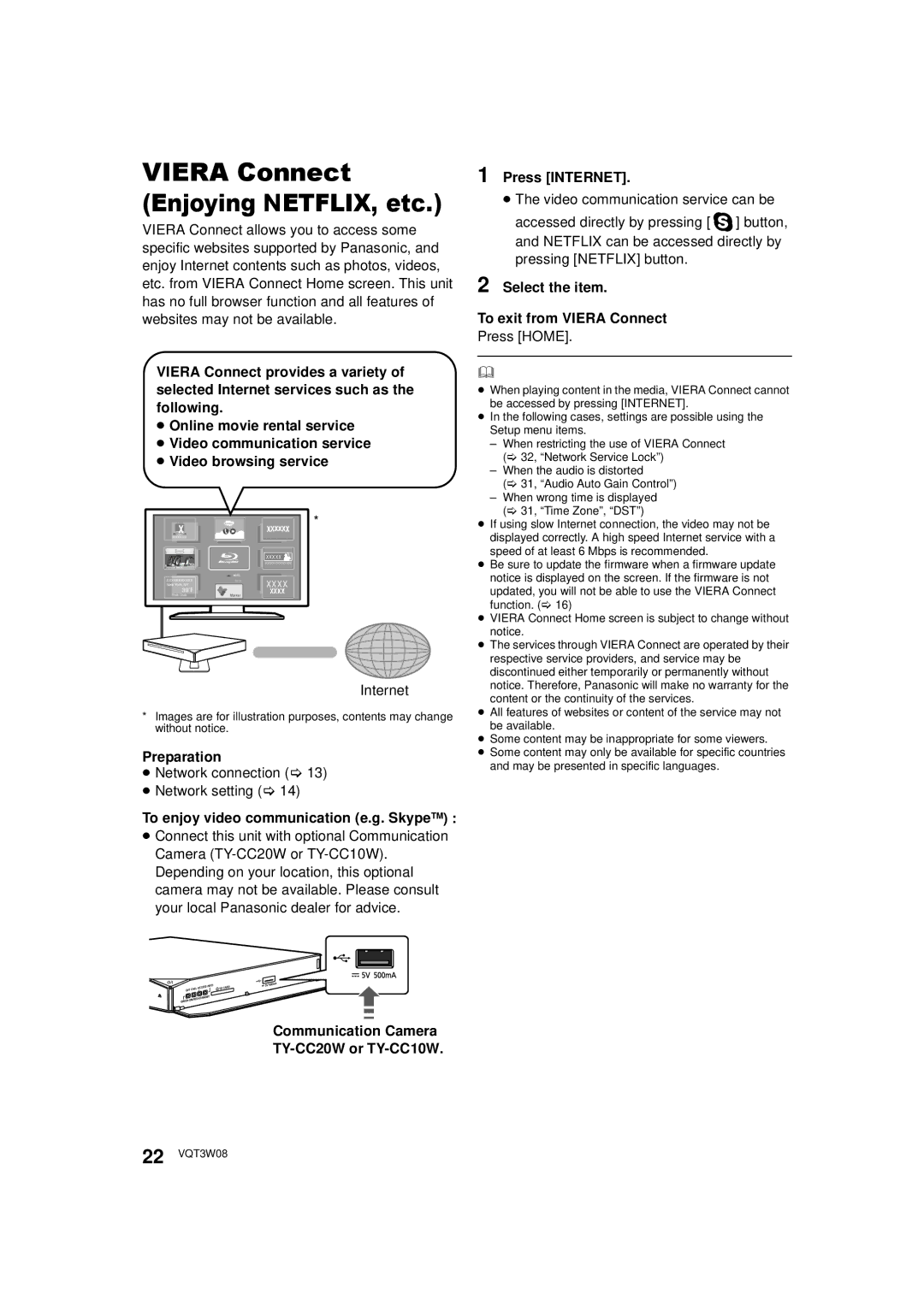 Panasonic DMP-BBT01 ≥ Network connection ≥ Network setting, Press Internet, Select the item To exit from Viera Connect 