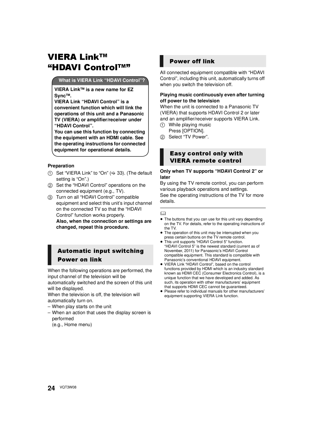 Panasonic DMP-BBT01 owner manual Viera LinkTM Hdavi ControlTM, Automatic input switching Power on link, Power off link 