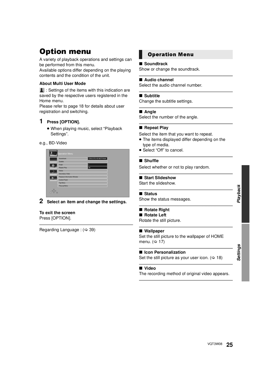 Panasonic DMP-BBT01 owner manual Option menu, Operation Menu 