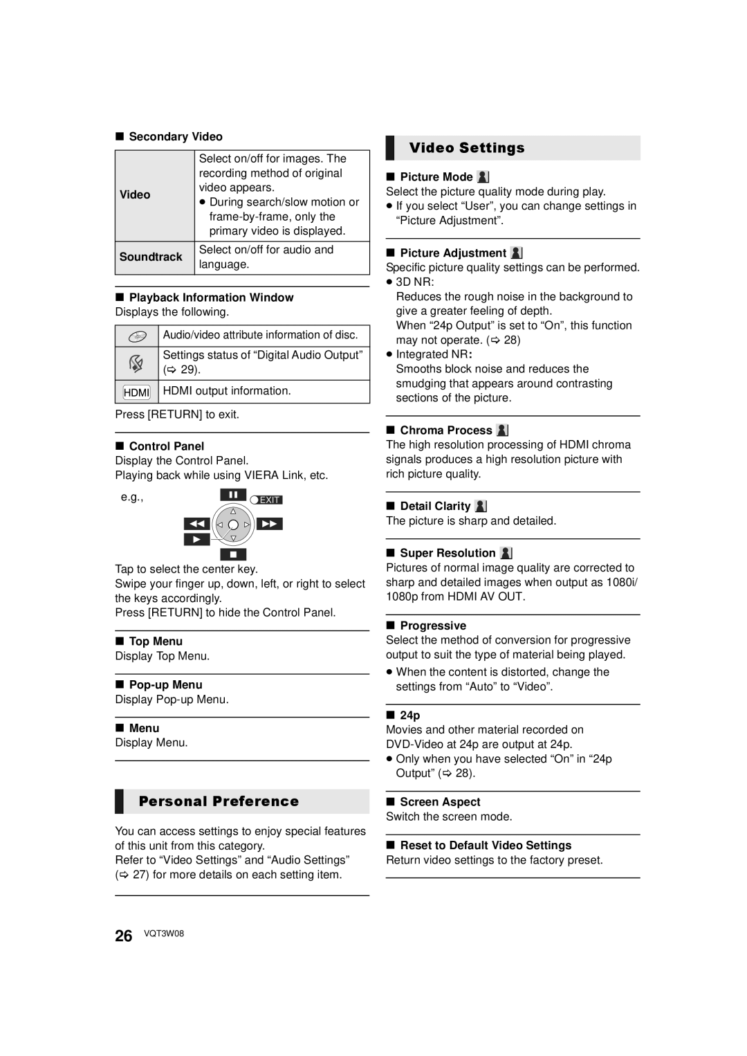 Panasonic DMP-BBT01 owner manual Personal Preference, Video Settings 