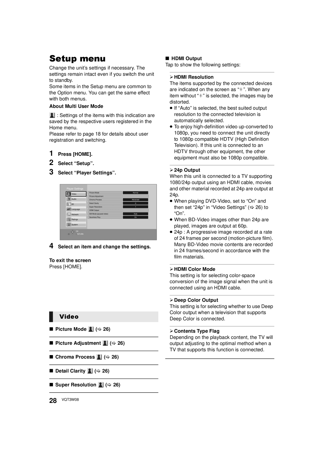 Panasonic DMP-BBT01 owner manual Setup menu, Video 