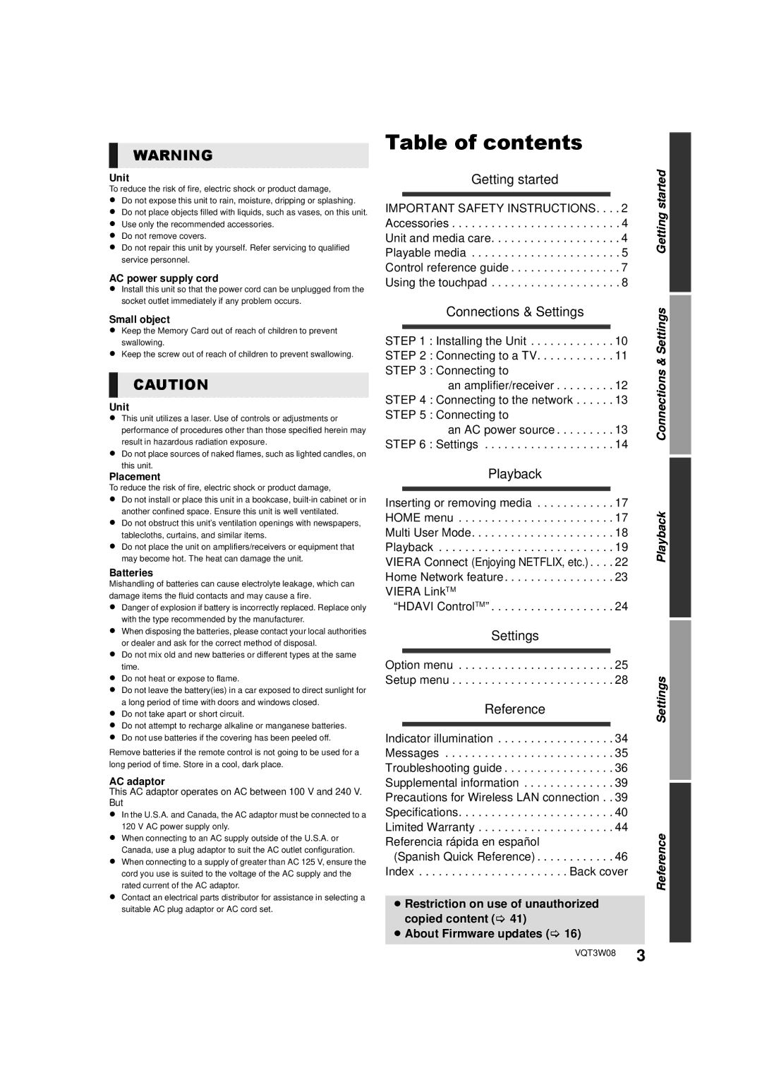 Panasonic DMP-BBT01 owner manual Table of contents 