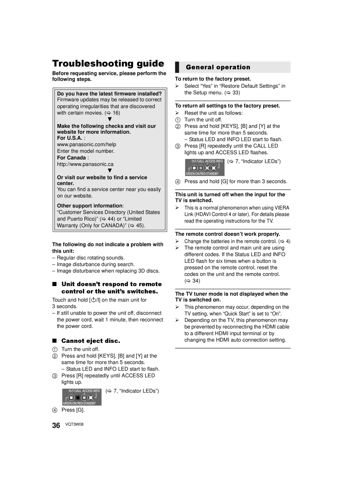 Panasonic DMP-BBT01 owner manual Troubleshooting guide, General operation, Cannot eject disc 