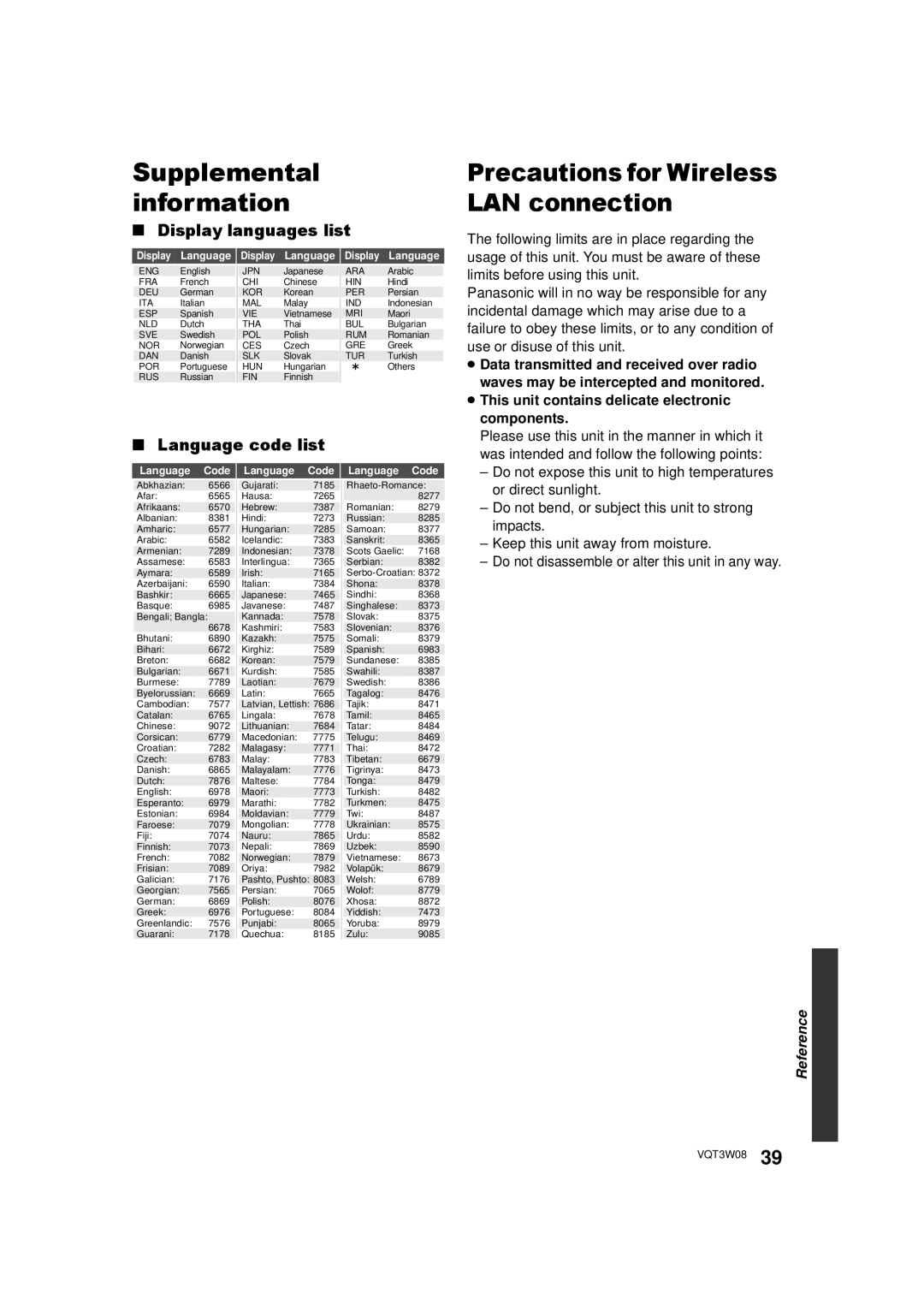 Panasonic DMP-BBT01 owner manual Supplemental information, Display languages list, Language code list 