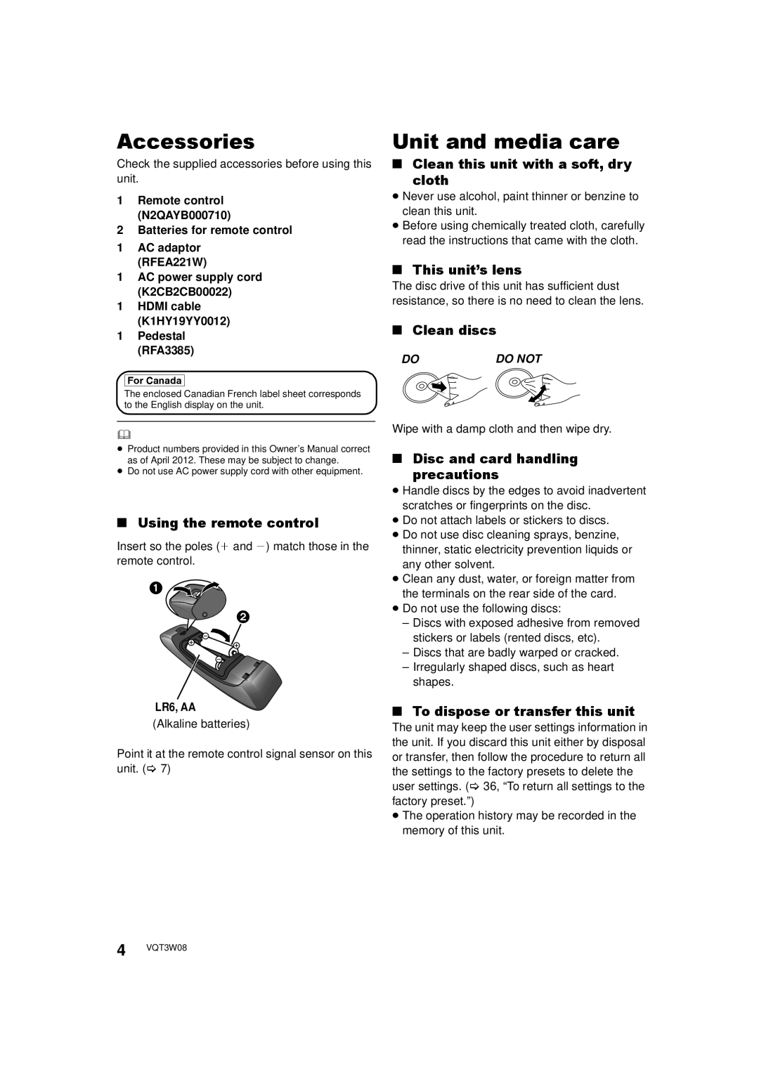 Panasonic DMP-BBT01 owner manual Accessories, Unit and media care 