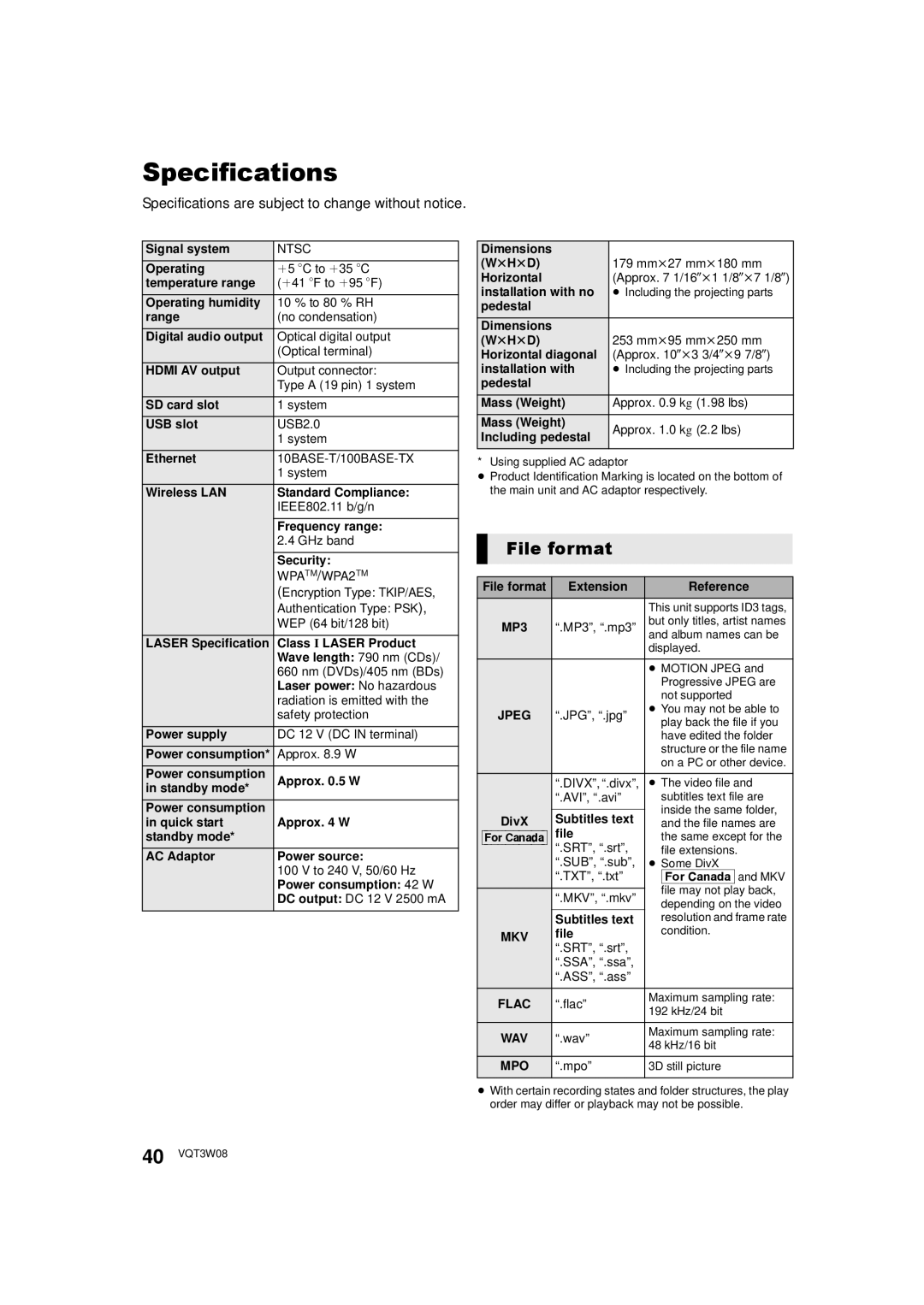 Panasonic DMP-BBT01 owner manual File format, Specifications are subject to change without notice 