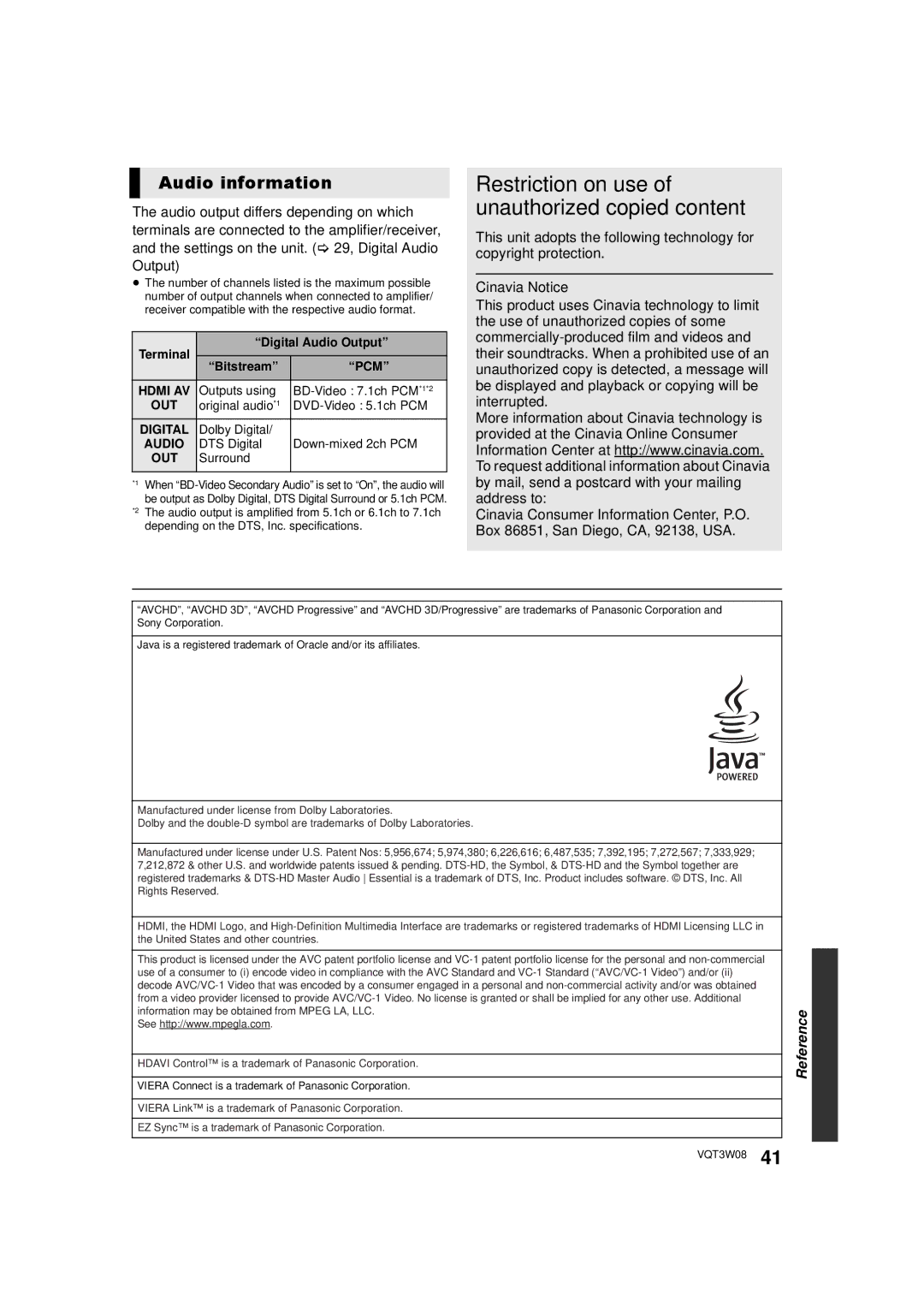 Panasonic DMP-BBT01 owner manual Audio information 