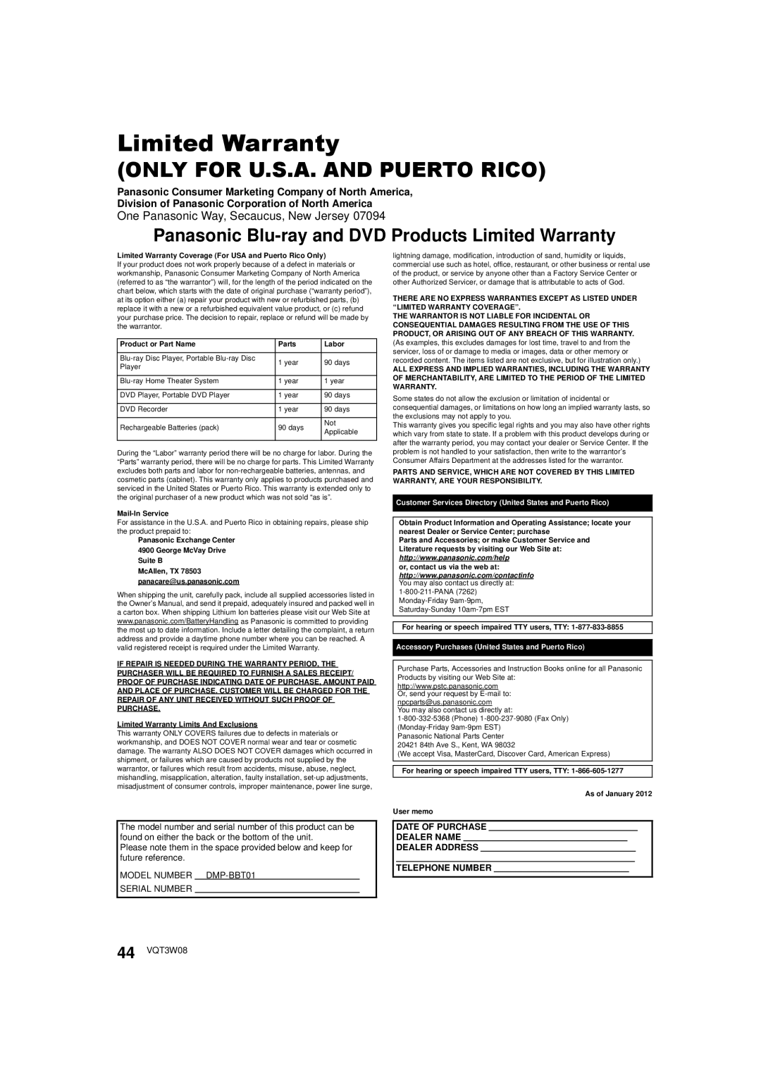 Panasonic DMP-BBT01 owner manual Limited Warranty, One Panasonic Way, Secaucus, New Jersey 