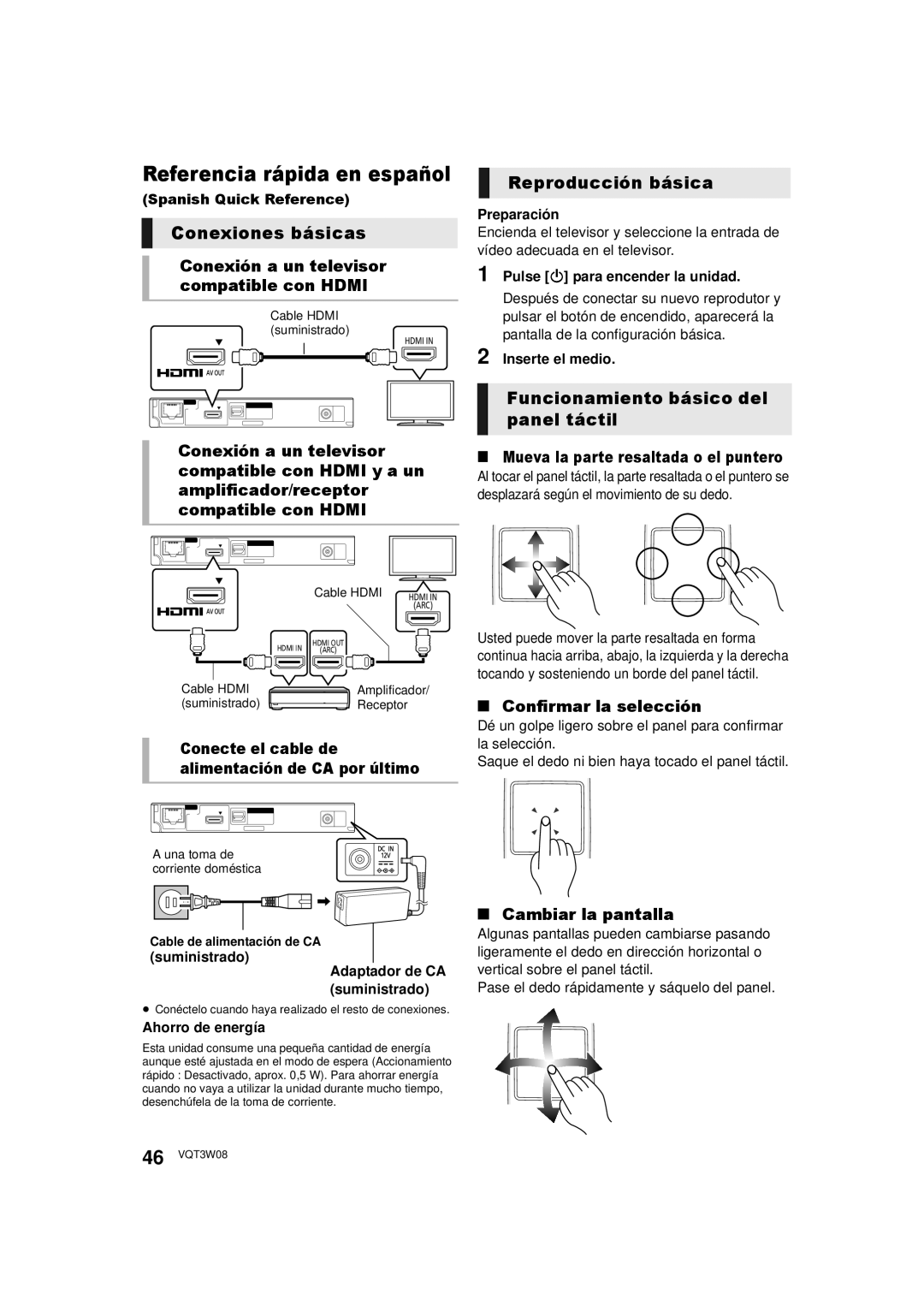 Panasonic DMP-BBT01 owner manual Conexiones básicas, Reproducción básica, Funcionamiento básico del panel táctil 