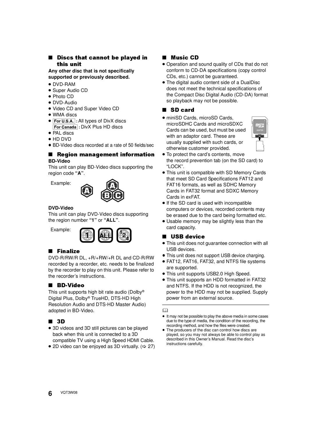 Panasonic DMP-BBT01 Discs that cannot be played This unit, Region management information, Finalize, BD-Video, Music CD 