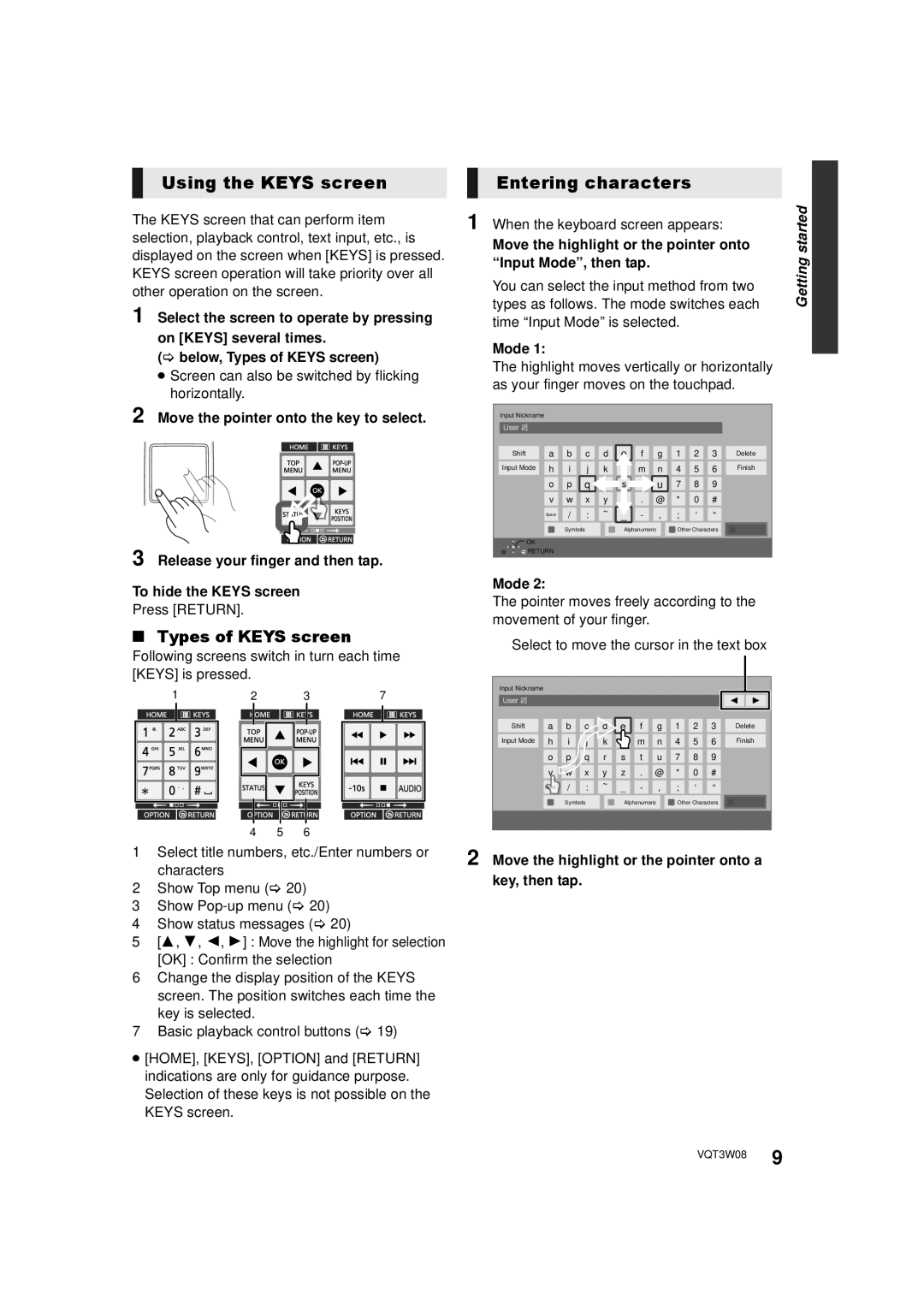 Panasonic DMP-BBT01 owner manual Using the Keys screen, Entering characters, Types of Keys screen 