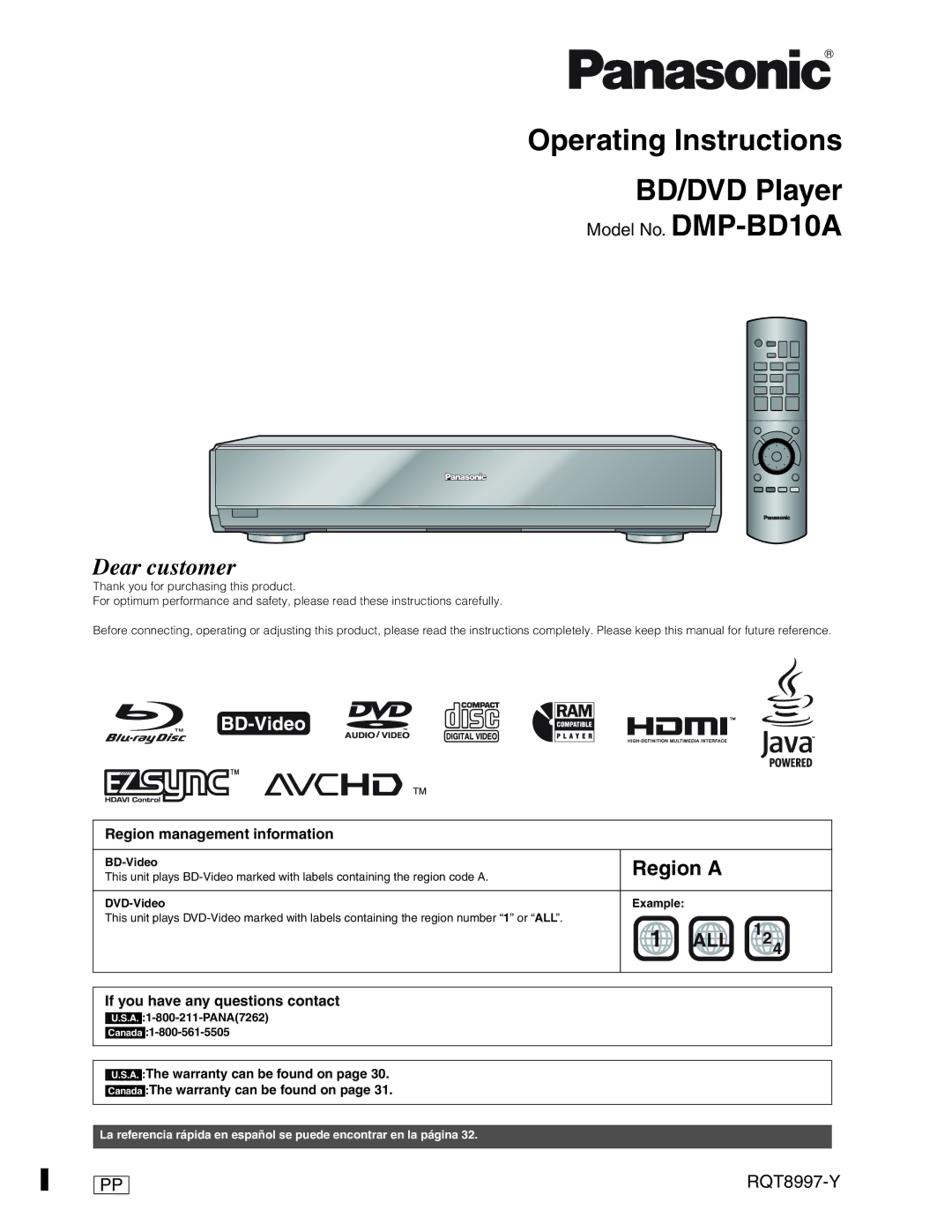 Panasonic DMP-BD10A operating instructions Region management information, If you have any questions contact, BD-Video 