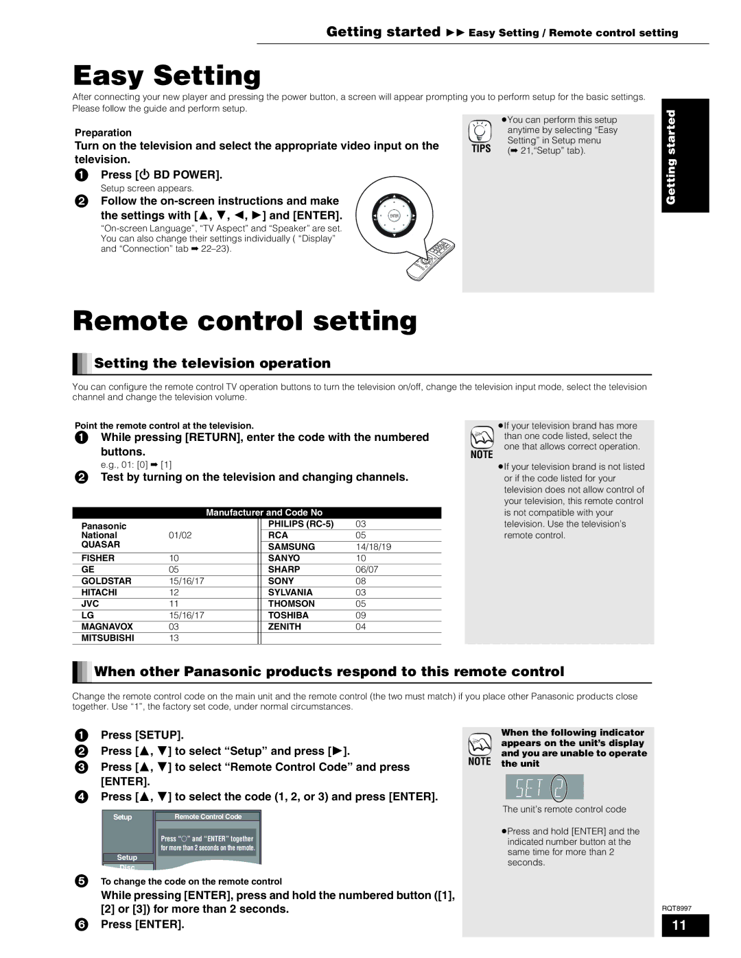 Panasonic DMP-BD10A operating instructions Easy Setting 