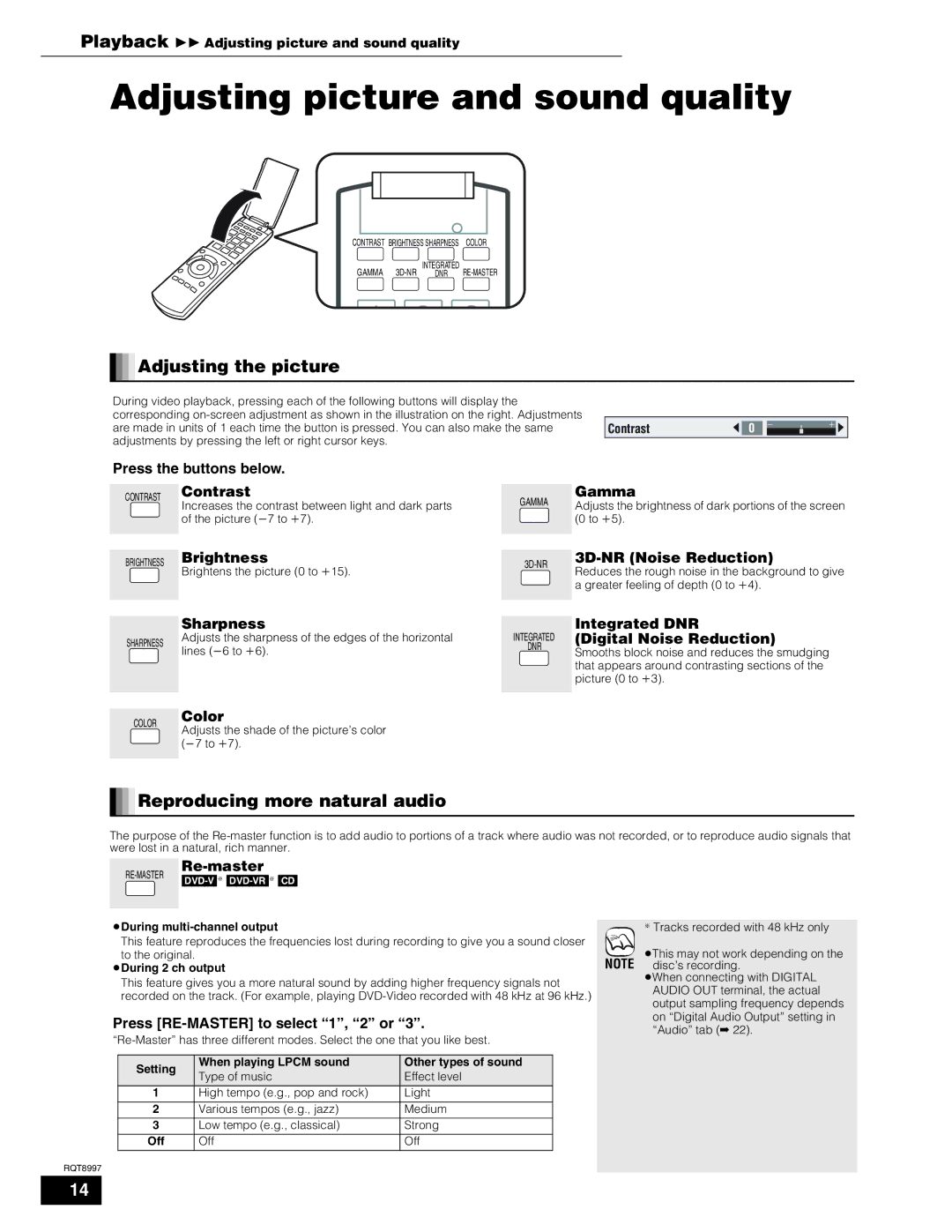 Panasonic DMP-BD10A Adjusting picture and sound quality, Adjusting the picture, Reproducing more natural audio 