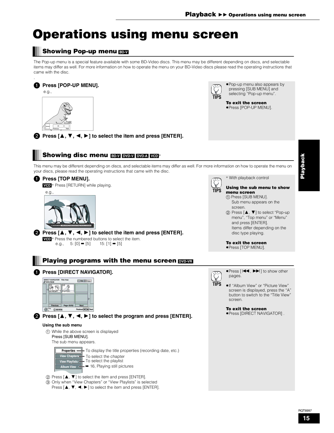 Panasonic DMP-BD10A Operations using menu screen, Showing Pop-up menu BD-V, Playing programs with the menu screen DVD-VR 