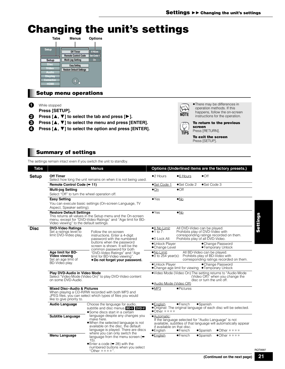 Panasonic DMP-BD10A operating instructions Changing the unit’s settings, Setup menu operations, Summary of settings 