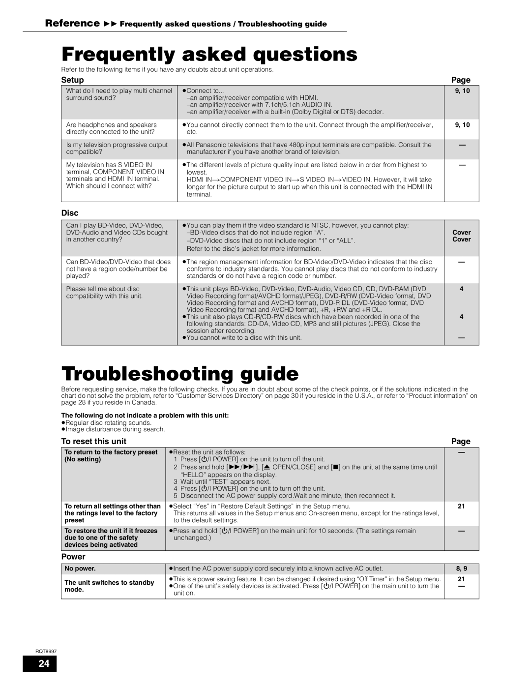 Panasonic DMP-BD10A operating instructions Frequently asked questions, Troubleshooting guide, To reset this unit, Power 