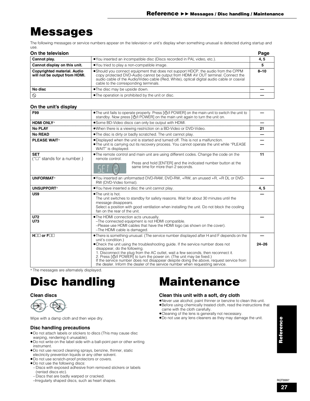 Panasonic DMP-BD10A operating instructions Messages, Disc handling, Maintenance 