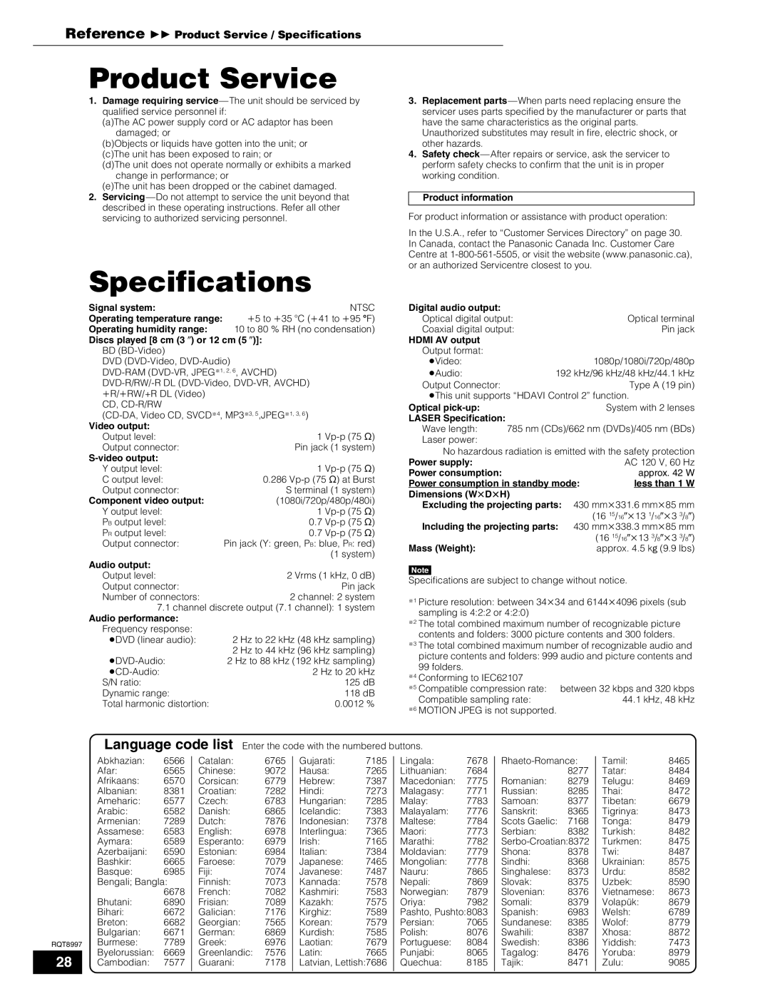 Panasonic DMP-BD10A operating instructions Product Service, Specifications 