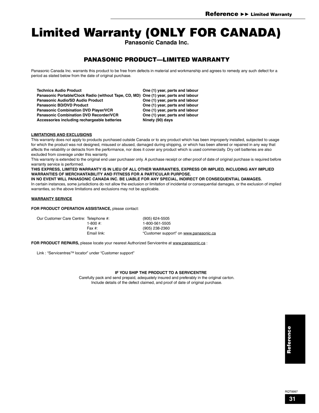 Panasonic DMP-BD10A Limited Warranty only for Canada, Panasonic Canada Inc, Limitations and Exclusions, Warranty Service 