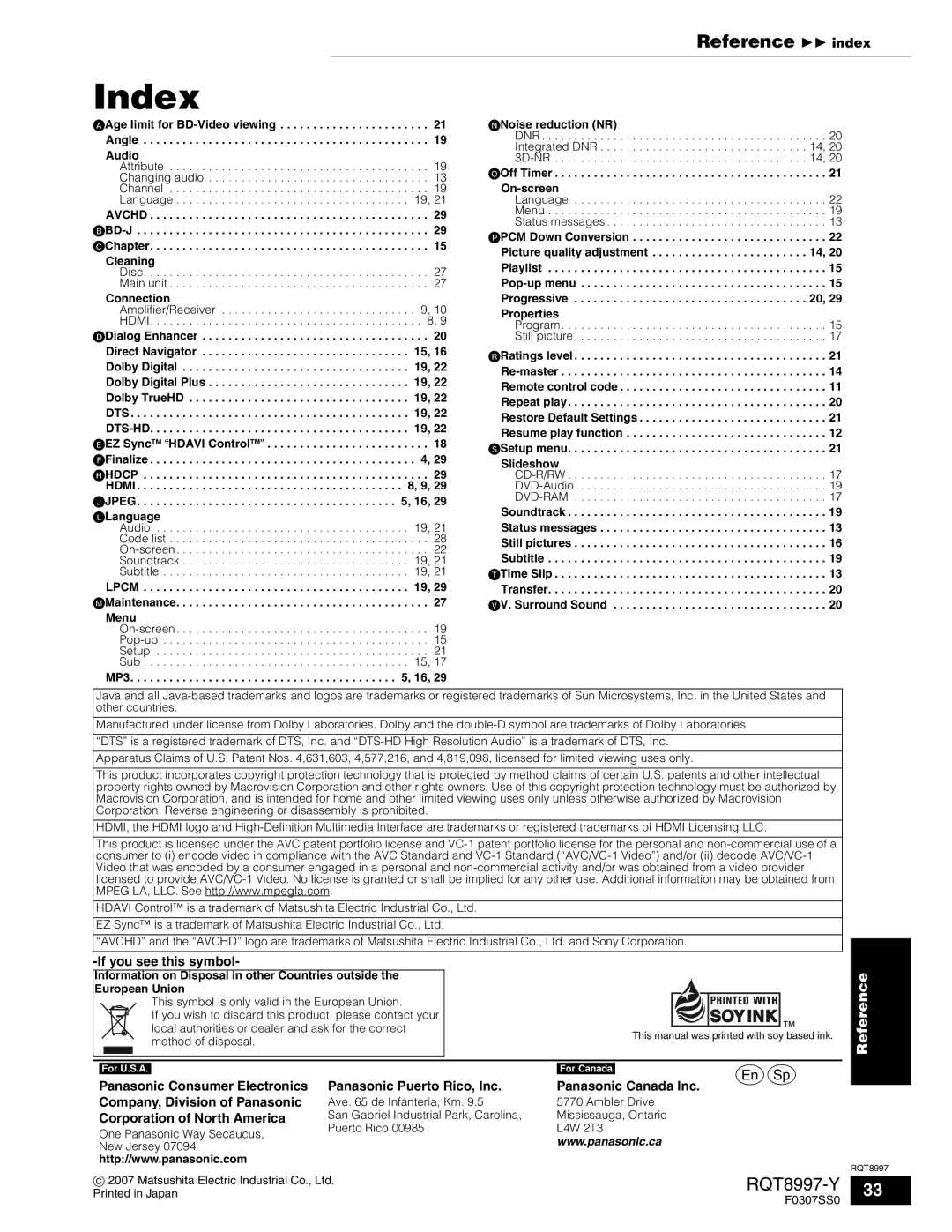 Panasonic DMP-BD10A operating instructions Index, Reference index 