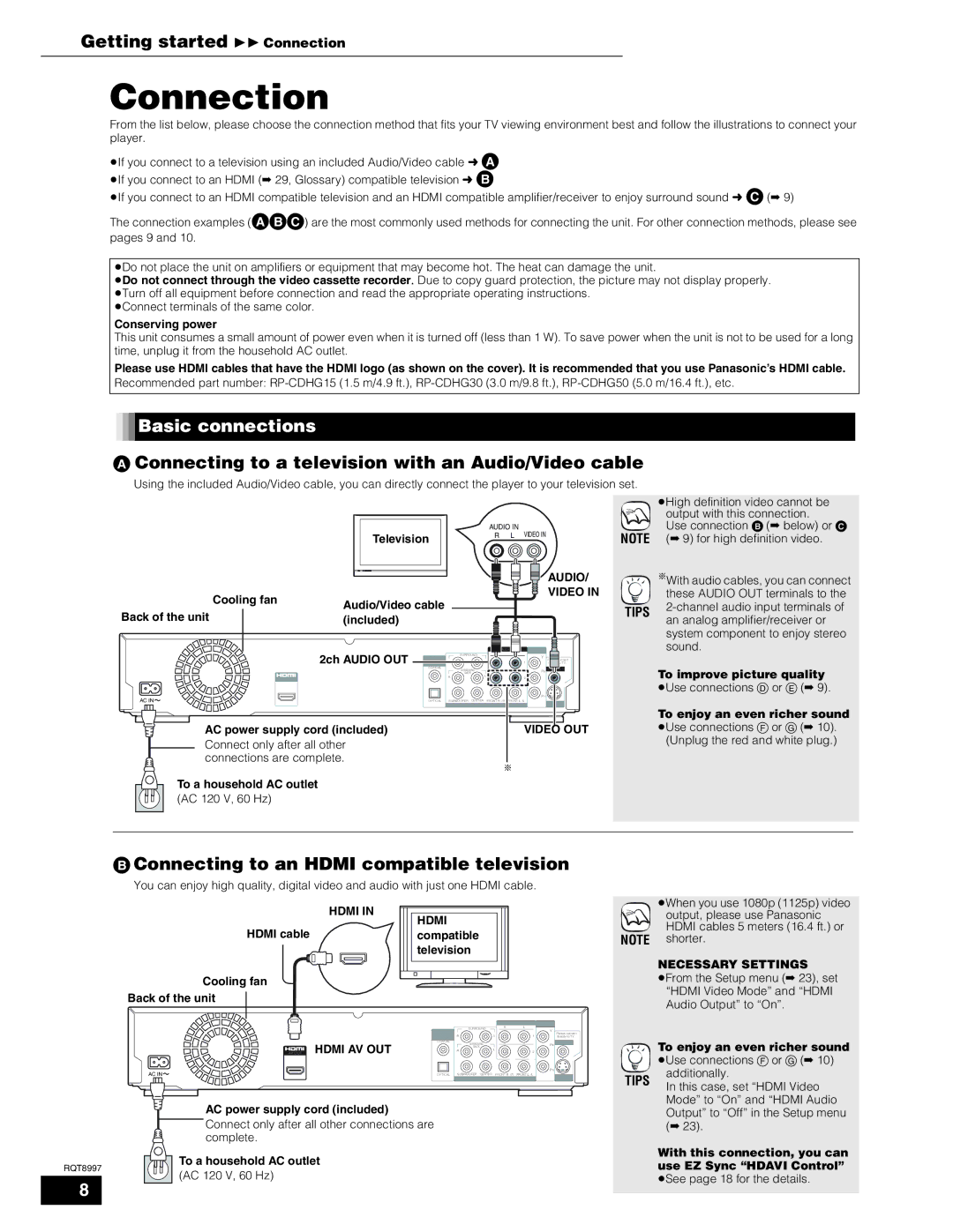 Panasonic DMP-BD10A Getting started Connection, Basic connections, Connecting to an Hdmi compatible television 