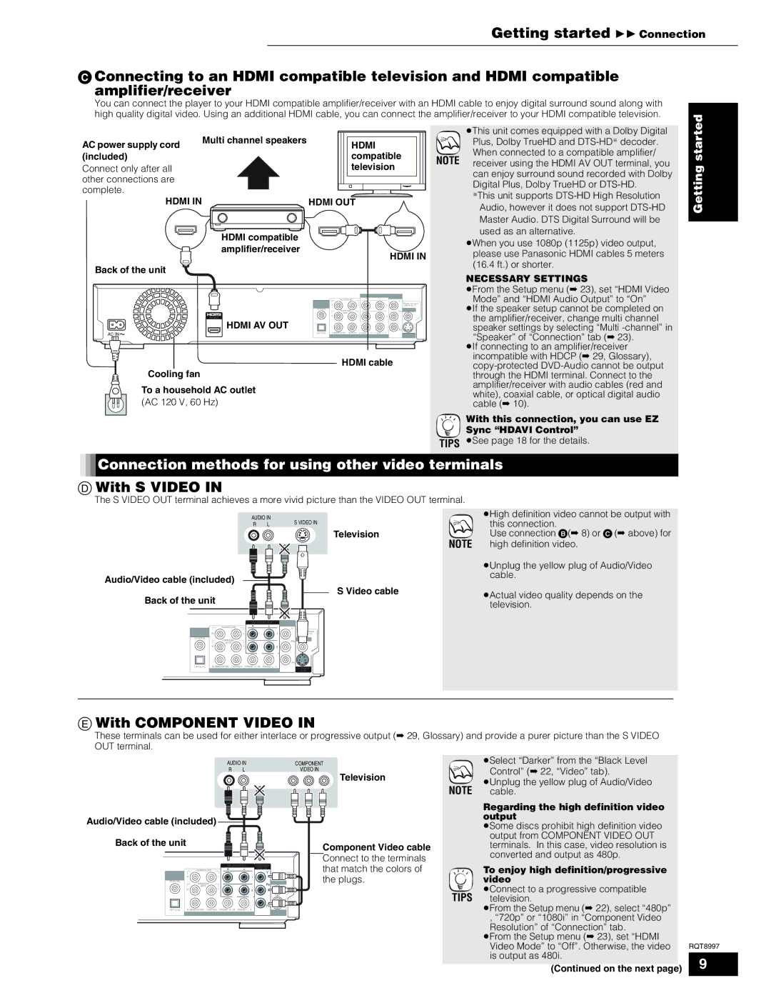 Panasonic DMP-BD10A Connection methods for using other video terminals, With S Video, With Component Video 