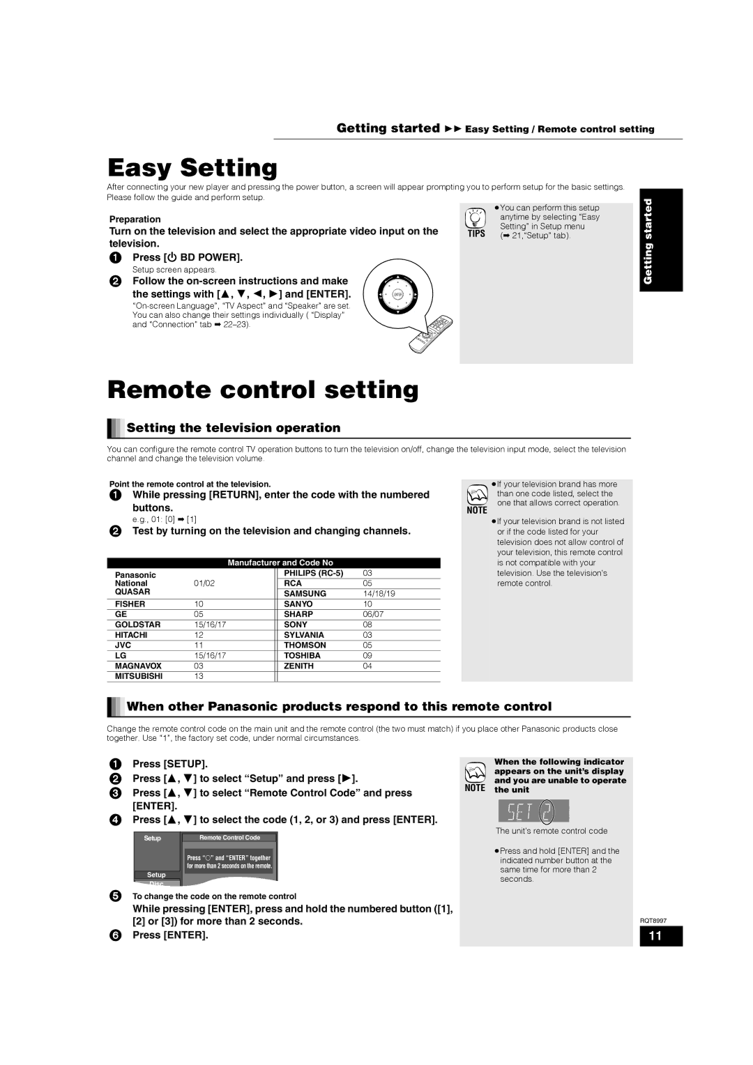 Panasonic DMP-BD10A Television, Press Í BD Power, Test by turning on the television and changing channels, Press Setup 