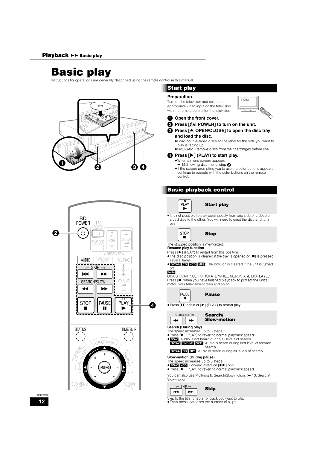 Panasonic DMP-BD10A warranty Start play, Basic playback control 