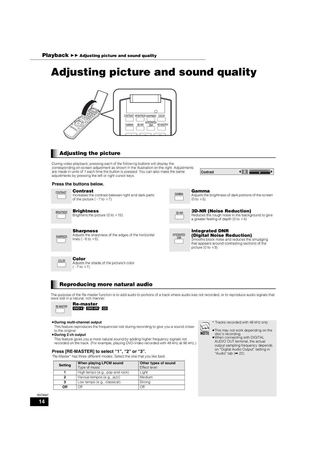 Panasonic DMP-BD10A warranty Adjusting picture and sound quality, Adjusting the picture, Reproducing more natural audio 