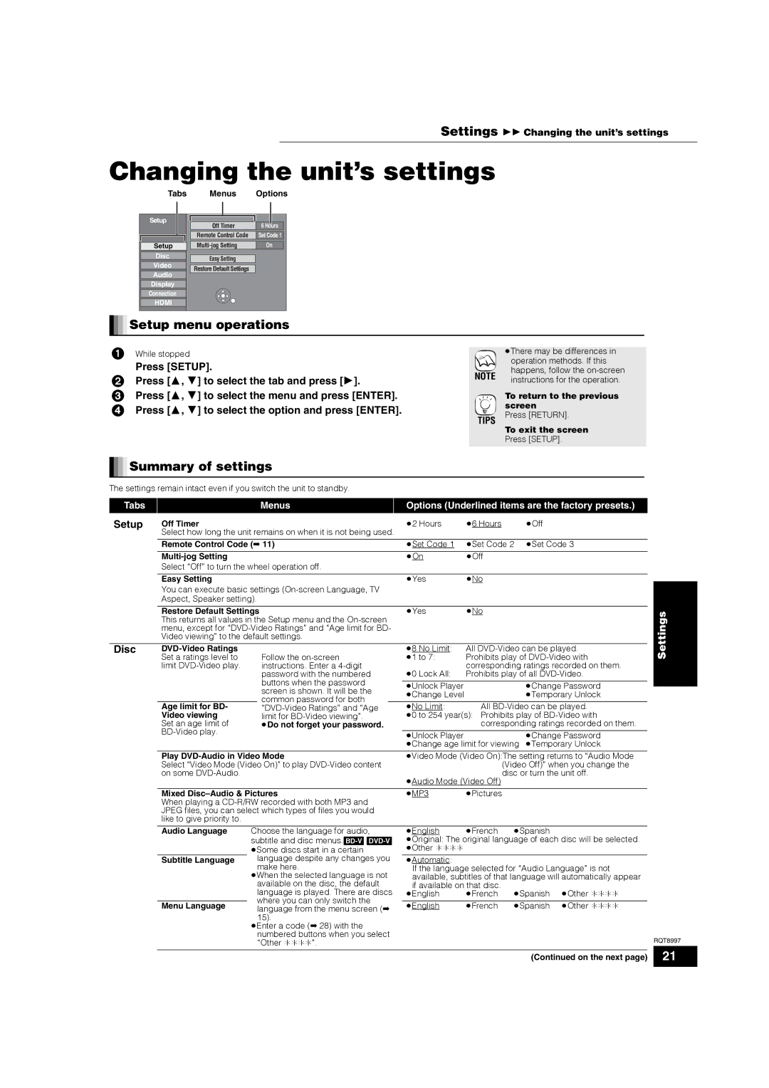 Panasonic DMP-BD10A warranty Changing the unit’s settings, Setup menu operations, Summary of settings 