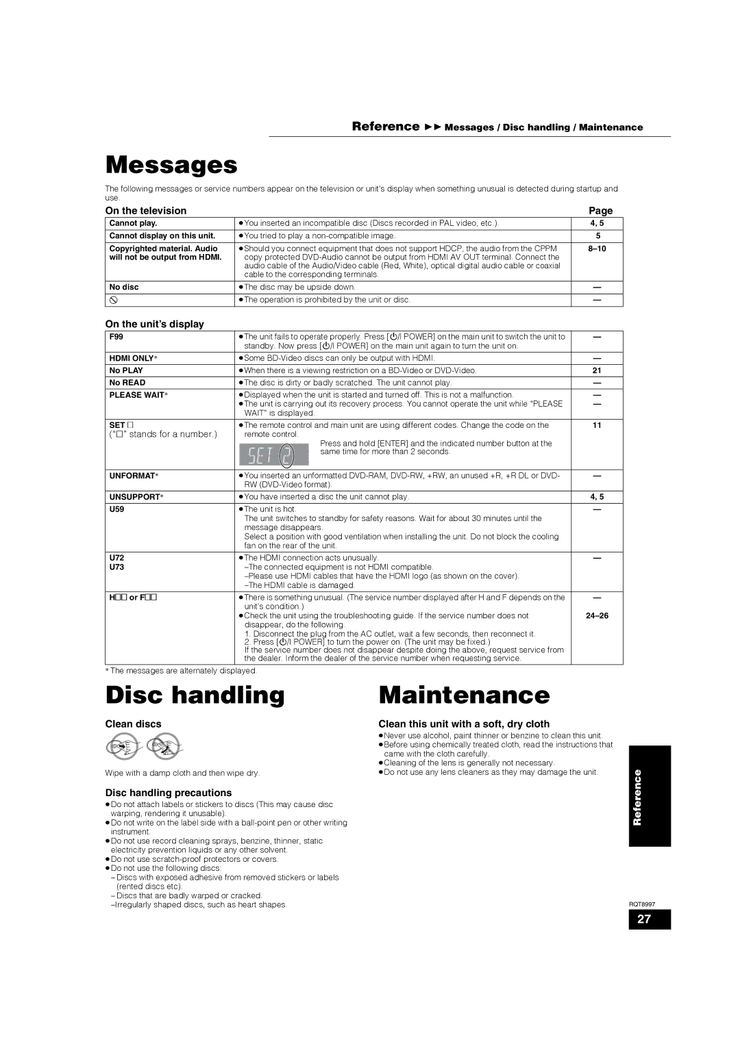 Panasonic DMP-BD10A warranty Messages, Disc handling, Maintenance 