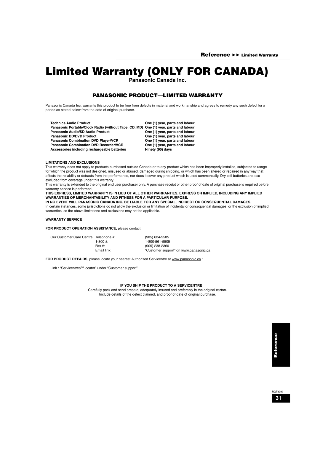 Panasonic DMP-BD10A Limited Warranty only for Canada, Panasonic Canada Inc, Limitations and Exclusions, Warranty Service 