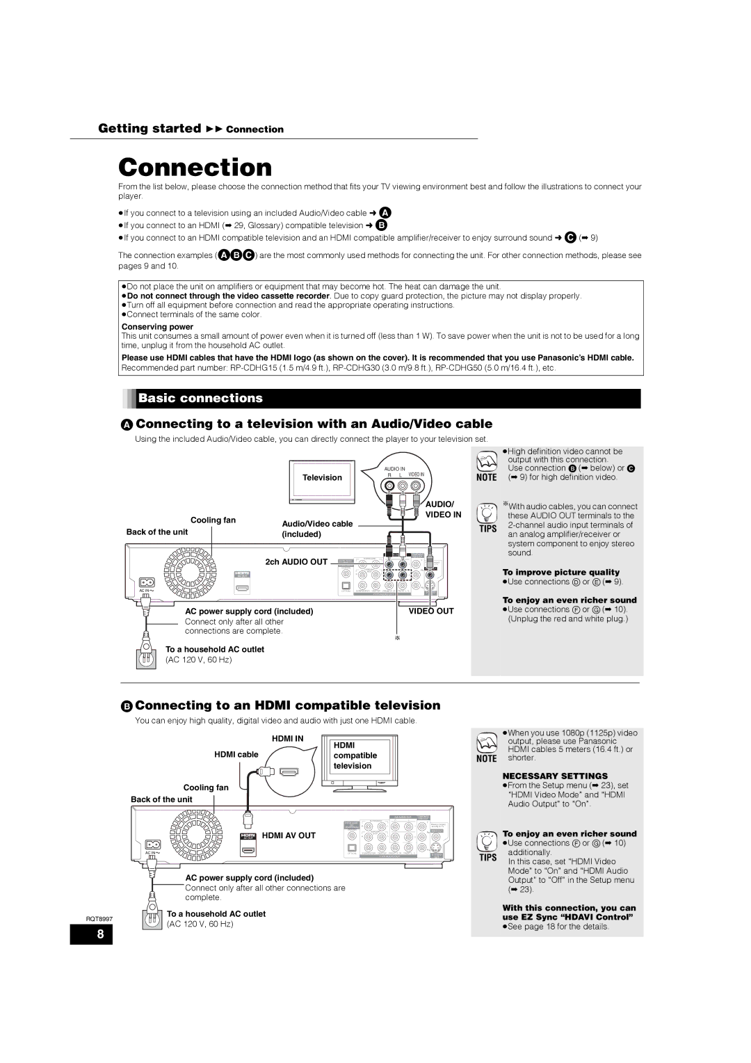 Panasonic DMP-BD10A Getting started 11 Connection, Basic connections, Connecting to an Hdmi compatible television 