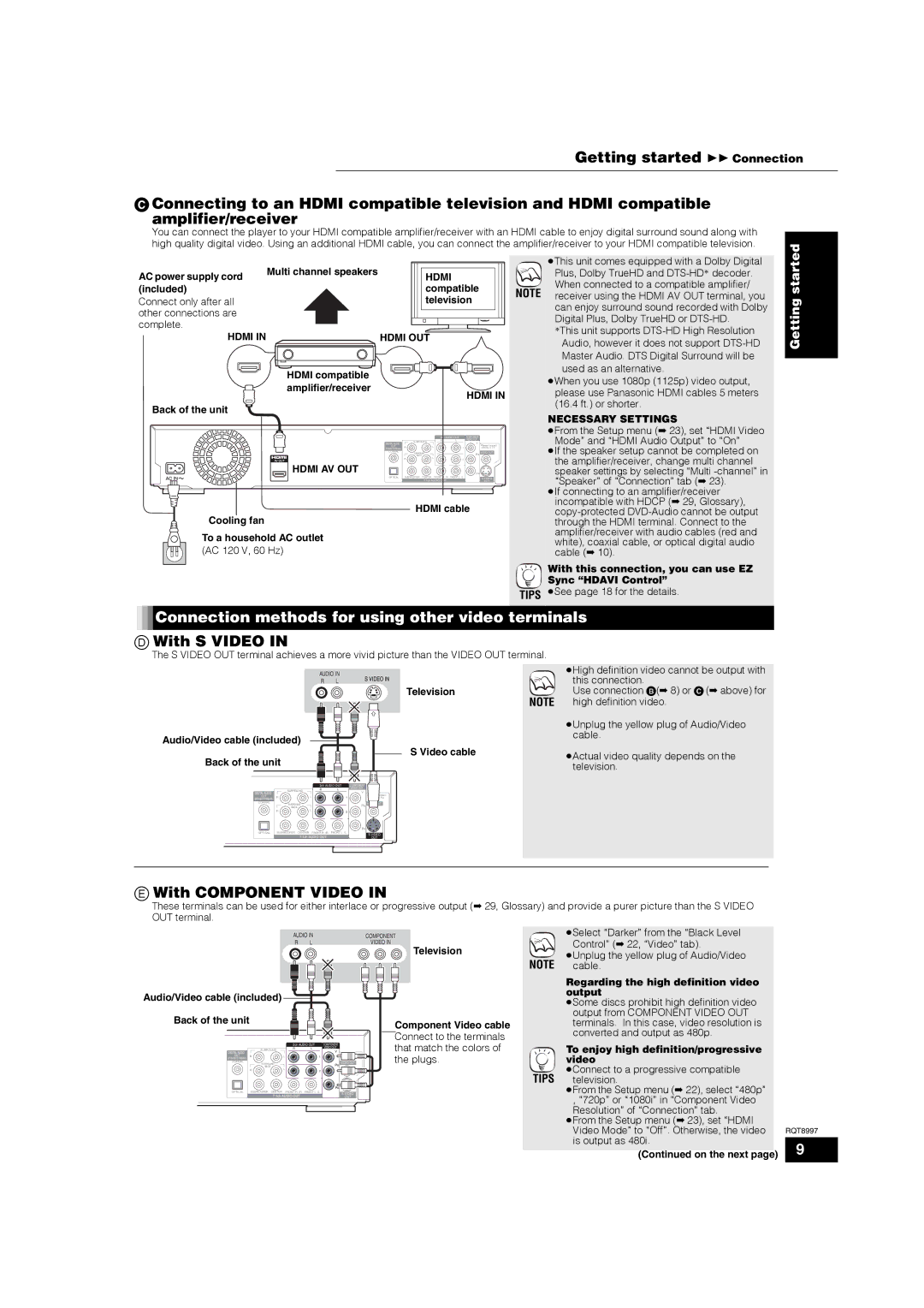 Panasonic DMP-BD10A Connection methods for using other video terminals, With S Video, With Component Video, Hdmi Hdmi OUT 